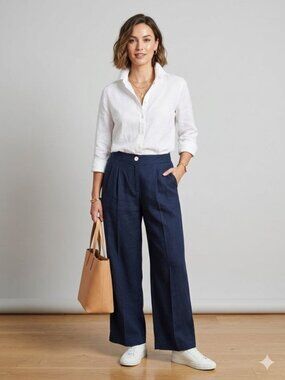Christian Siriano Navy Linen Wide Leg Pants High Rise Trousers Coastal Chic 12